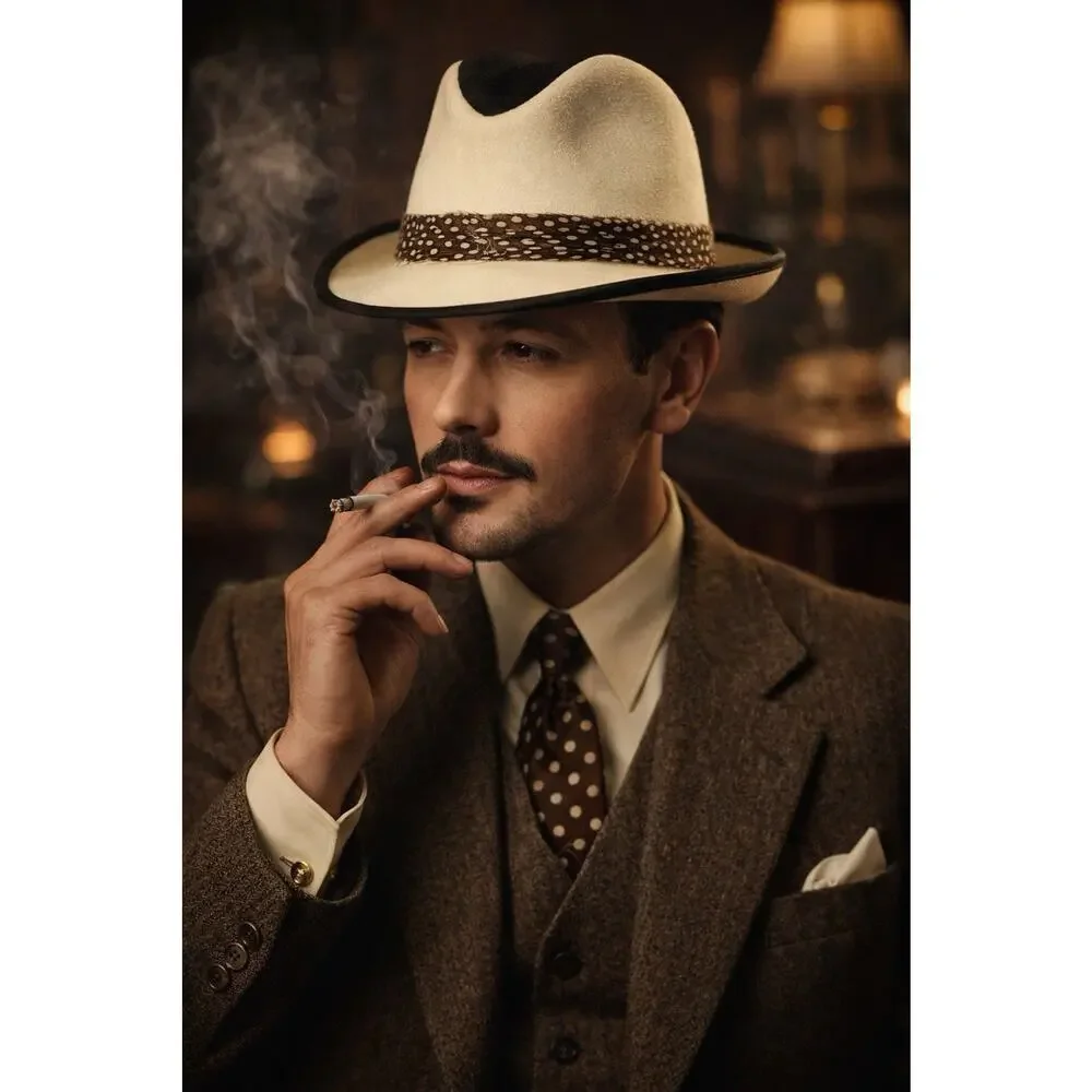 Vintage Oleg Cassini Ivory Felt Fedora Hat Real Feather Band Size 7 7 1/8 - Picture 2 of 5